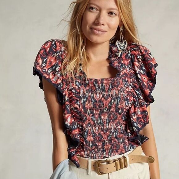 letmebe Tops - Anthropologie Let Me Be Smocked Crop Top Boho Retro 70's ‎ Size M